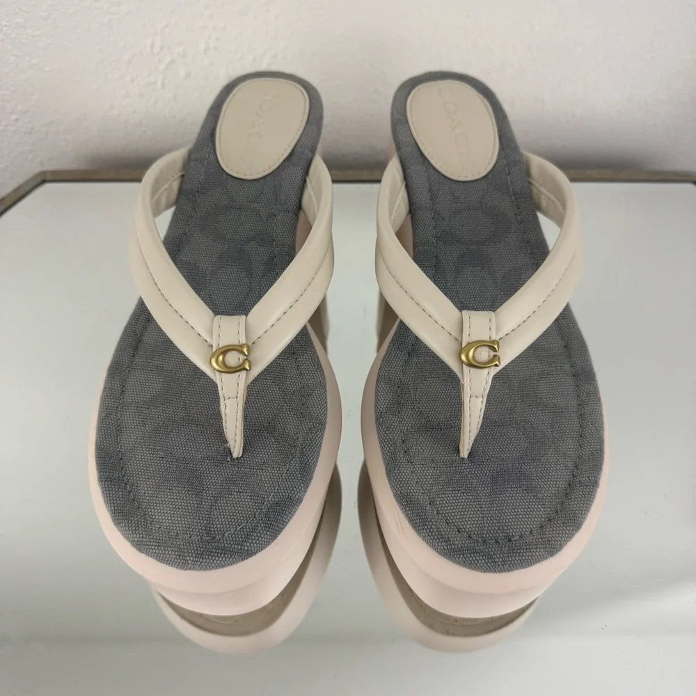 COACH White Leather Y2K Franki Monogram Chunky Platform Thong Sandal Flip Flops - Picture 6 of 11